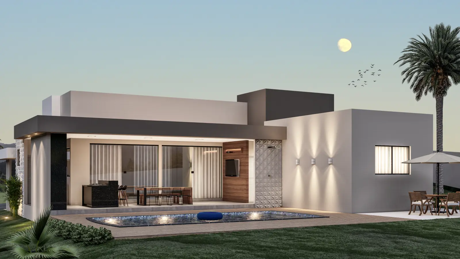 Área de lazer com piscina e varanda de uma residência projetada pela Detalhes