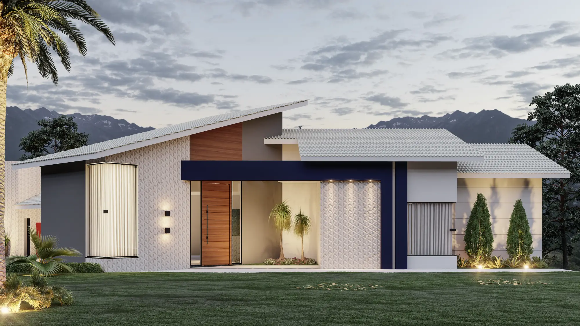 Residência térrea com telhado inclinado e detalhe em azul-marinho