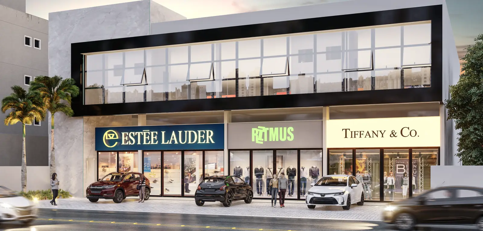 Edifício comercial com lojas no térreo e fachada envidraçada