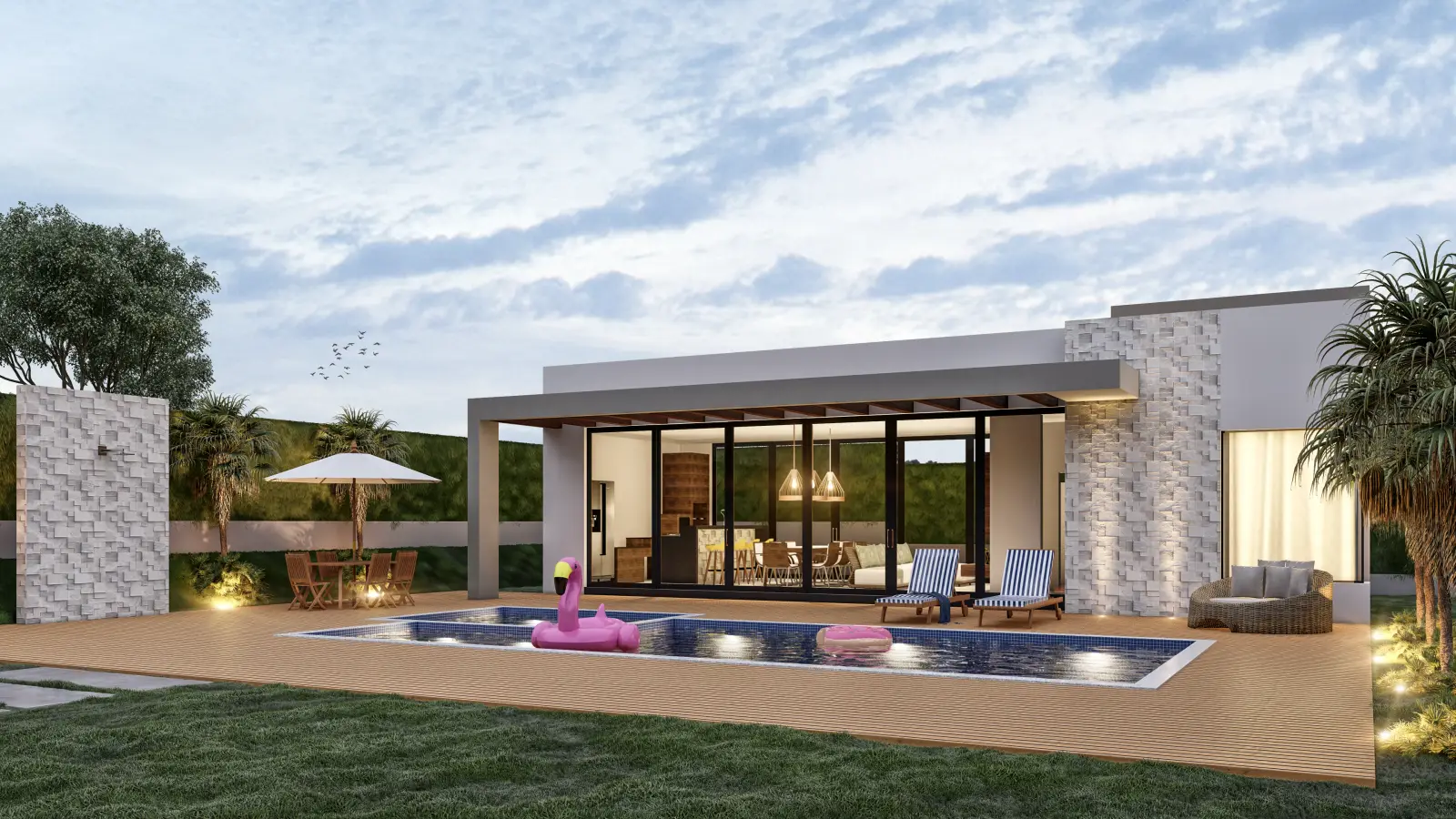 Área de lazer com piscina e varanda envidraçada